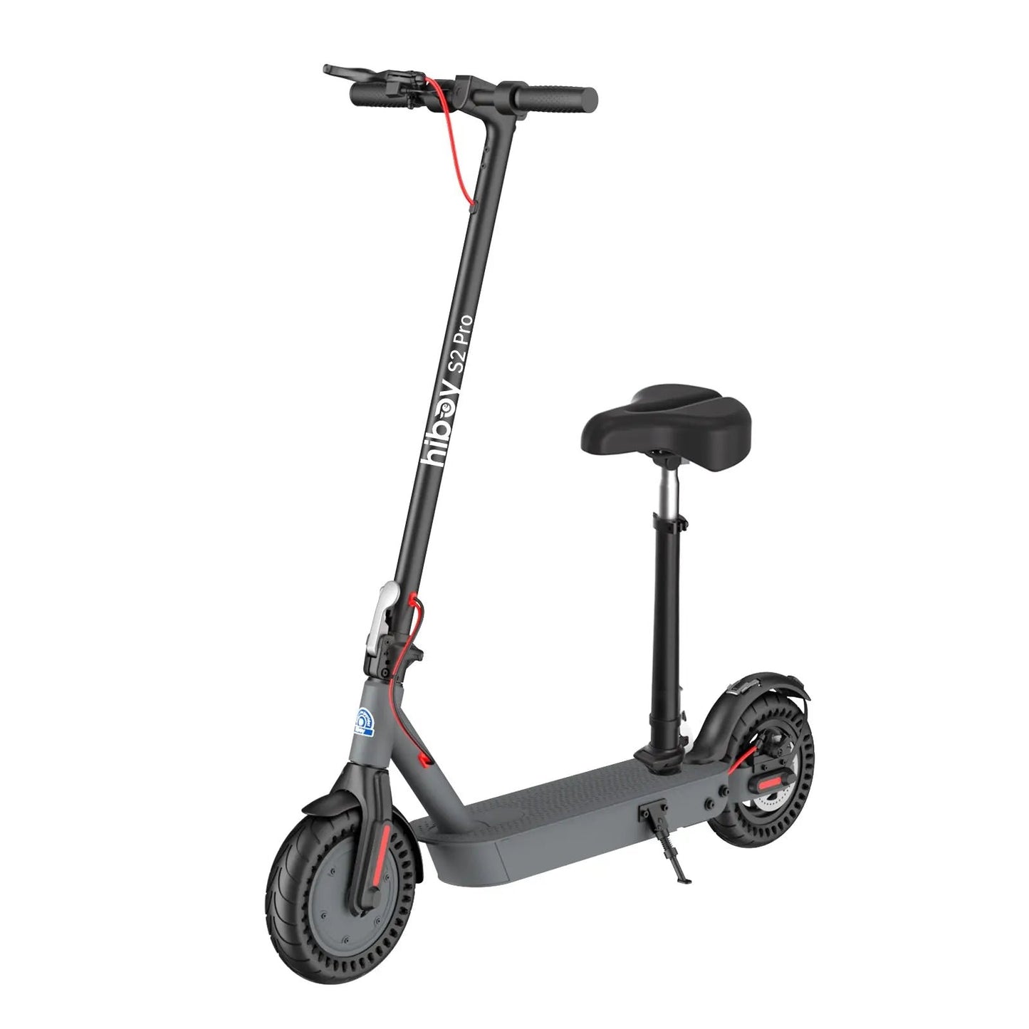Gray electric scooter with a black seat on a white background