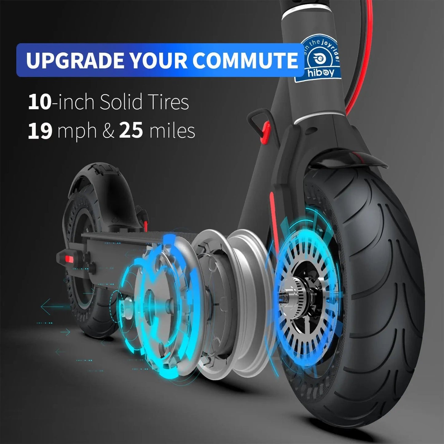 Electric scooter with 10-inch solid tires and performance details on a dark background