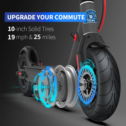 Electric scooter with 10-inch solid tires and performance details on a dark background