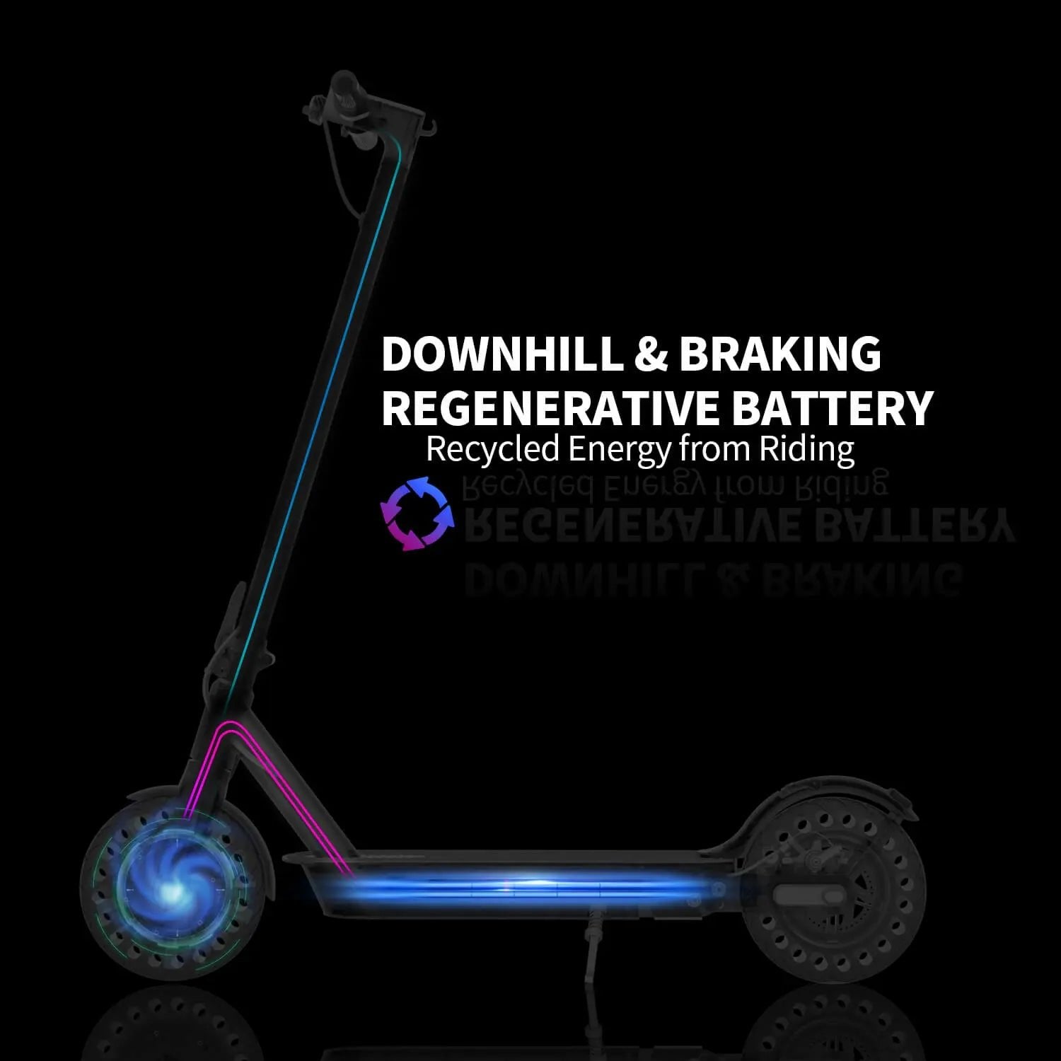 Electric scooter with glowing wheels on a black background, featuring text about regenerative braking.