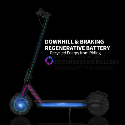 Electric scooter with glowing wheels on a black background, featuring text about regenerative braking.