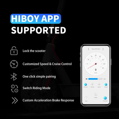 HIBOY APP Supported text with smartphone app interface on a dark background