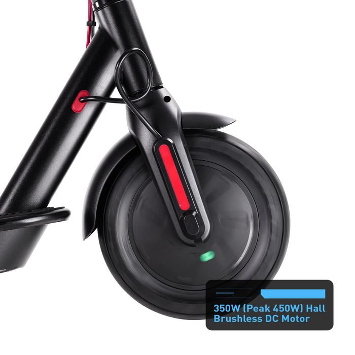 Close-up of a scooter wheel with a motor label on a white background