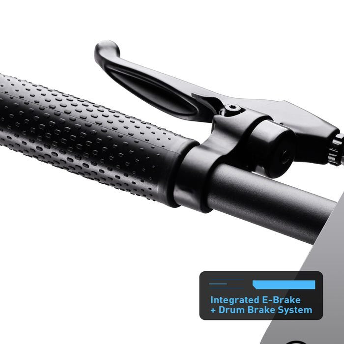 Close-up of a motorcycle handlebar with an integrated e-brake and drum brake system on a white background.