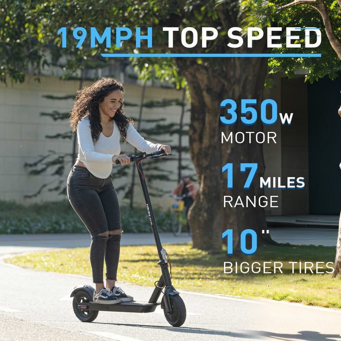 Woman riding an electric scooter with product features displayed on screen