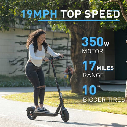 Woman riding an electric scooter with product features displayed on screen