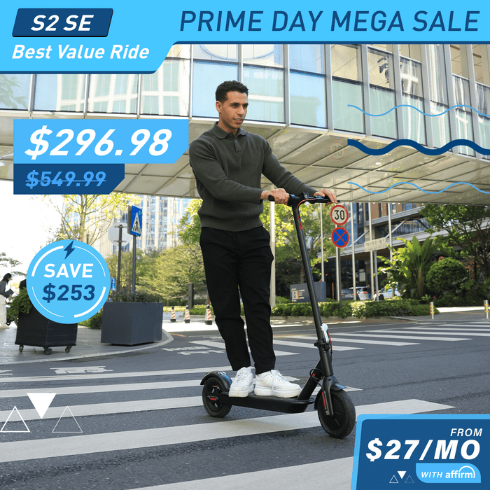 Man riding an electric scooter with promotional text for a sale on a city street.