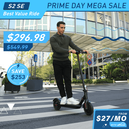 Man riding an electric scooter with promotional text for a sale on a city street.