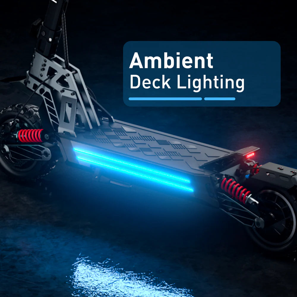 Scooter with blue ambient deck lighting on a dark background