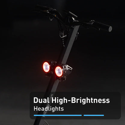 Bicycle with dual high-brightness headlights on a dark background