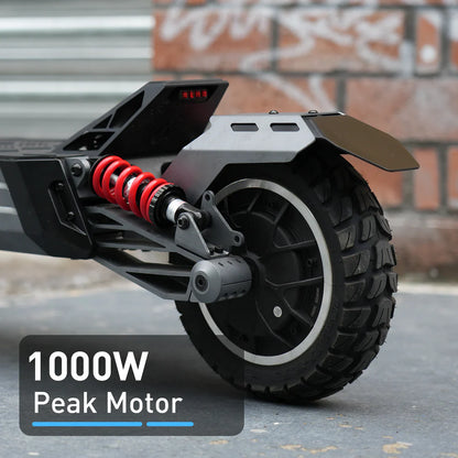 Close-up of a scooter wheel with a 1000W peak motor label against a brick wall background.