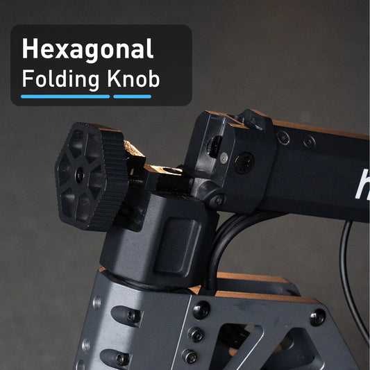 Hexagonal folding knob on a mechanical device with a dark background