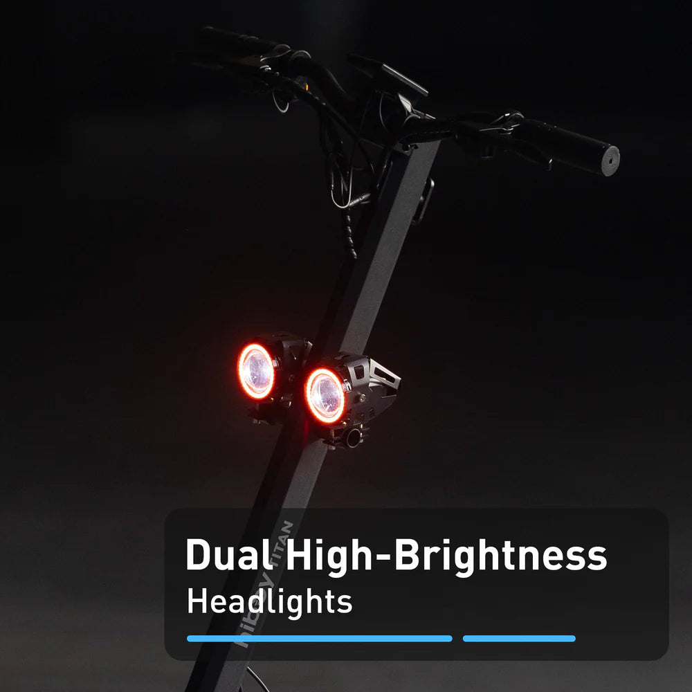 Bicycle handlebar with dual high-brightness headlights on a dark background