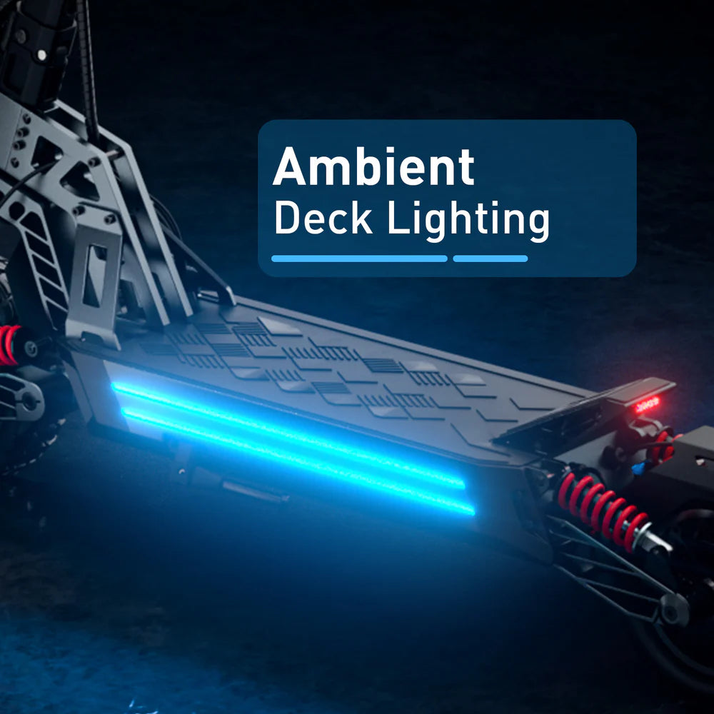 Futuristic vehicle with blue light on a dark background, labeled 'Ambient Deck Lighting'.