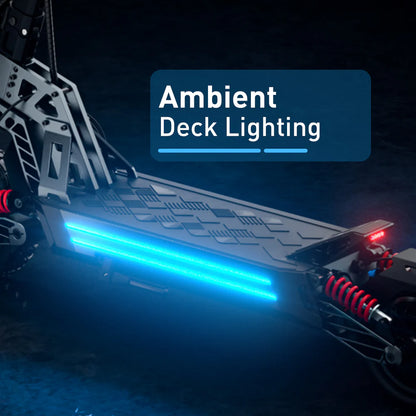 Futuristic vehicle with blue light on a dark background, labeled 'Ambient Deck Lighting'.