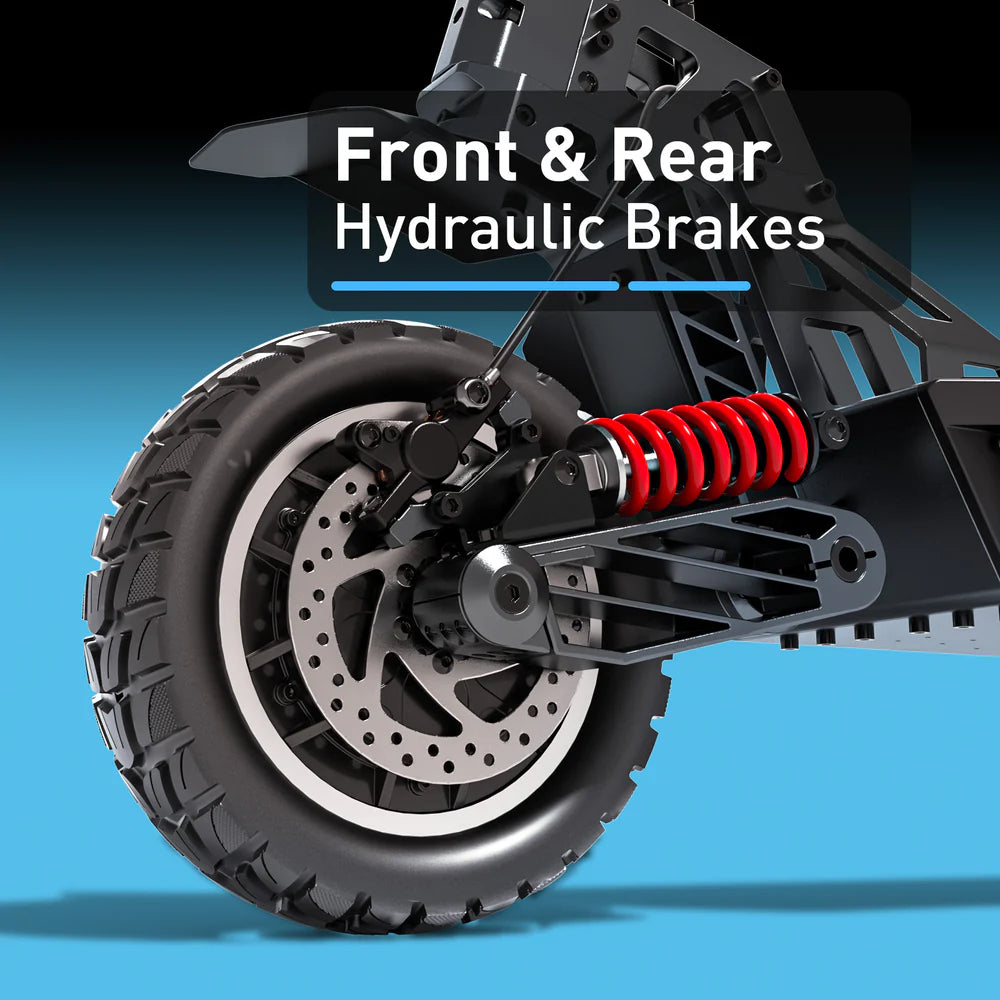 Motorcycle wheel with hydraulic brake system on a blue background