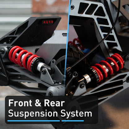 Close-up of a front and rear suspension system with red shock absorbers.