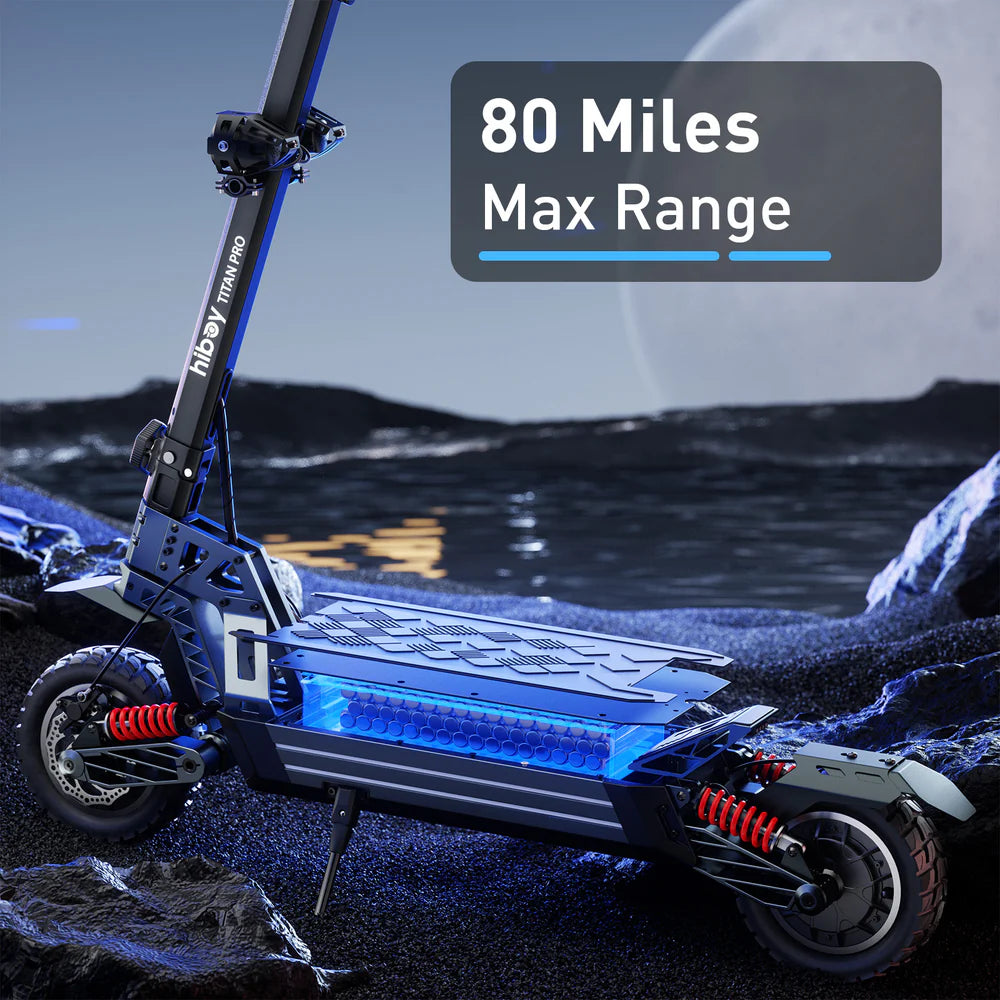 Electric scooter with '80 Miles Max Range' text on a moon-like landscape