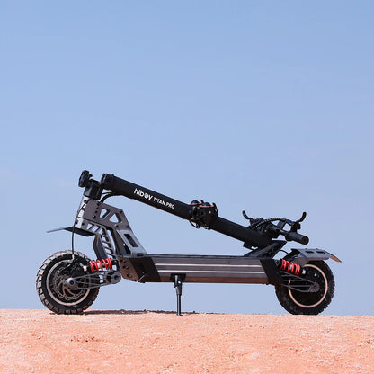 Black electric scooter with 'hiboy' branding on a clear blue sky background