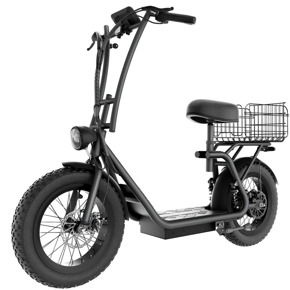 Black electric bike with a basket on a white background