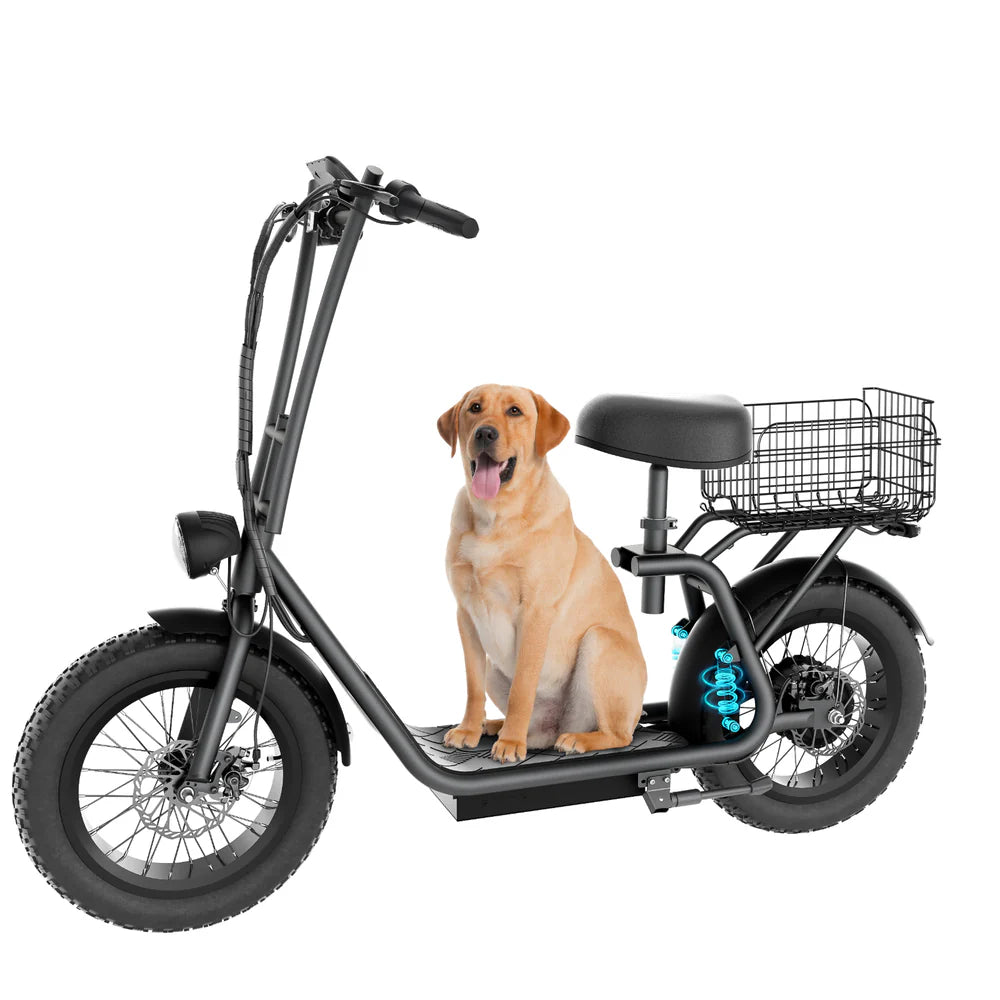 Dog sitting on a black electric scooter with a basket on a white background