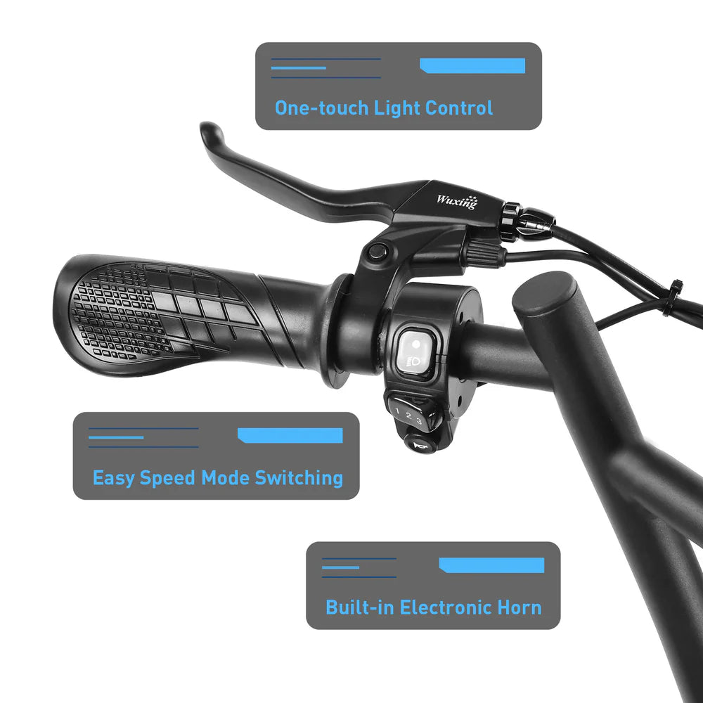 Bicycle handlebar with control buttons labeled 'One-touch Light Control', 'Easy Speed Mode Switching', and 'Built-in Electronic Horn' on a white background.