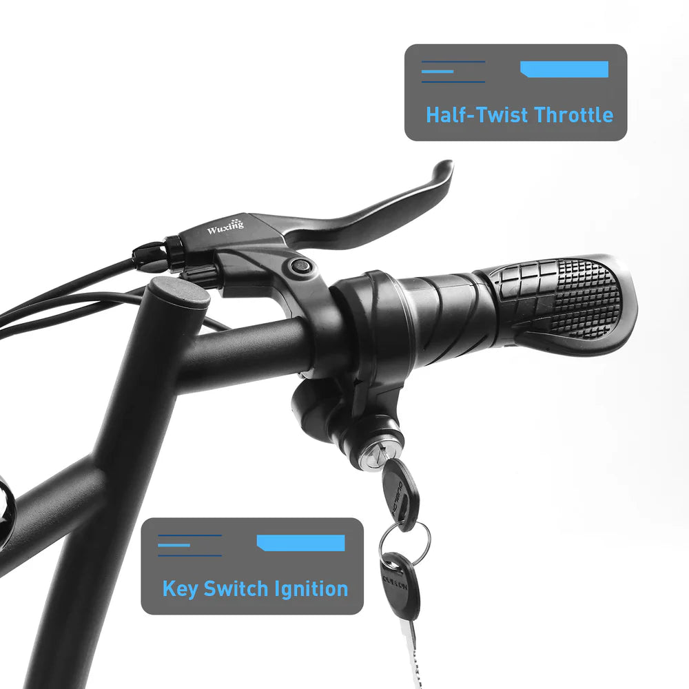 Bicycle handlebar with half-twist throttle and key switch ignition on a white background