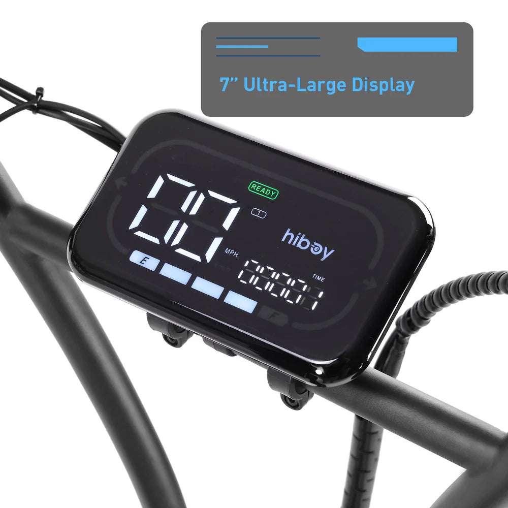 Digital display on a bicycle with 'hiboy' branding and a 7-inch ultra-large screen.
