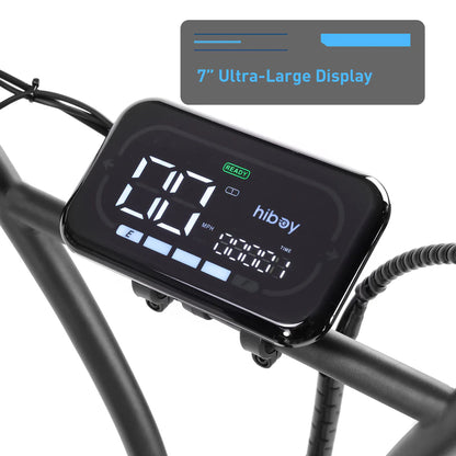 Digital display on a bicycle with 'hiboy' branding and a 7-inch ultra-large screen.