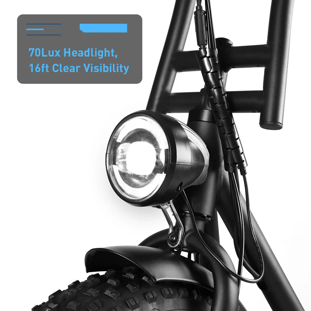 Close-up of a bicycle headlight with text on 70Lux Headlight and 16ft Clear Visibility.