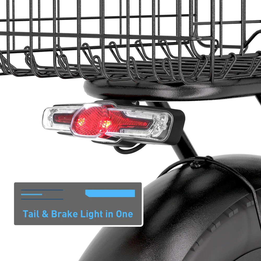 Bicycle tail light with brake light function attached to a bike basket on a white background.