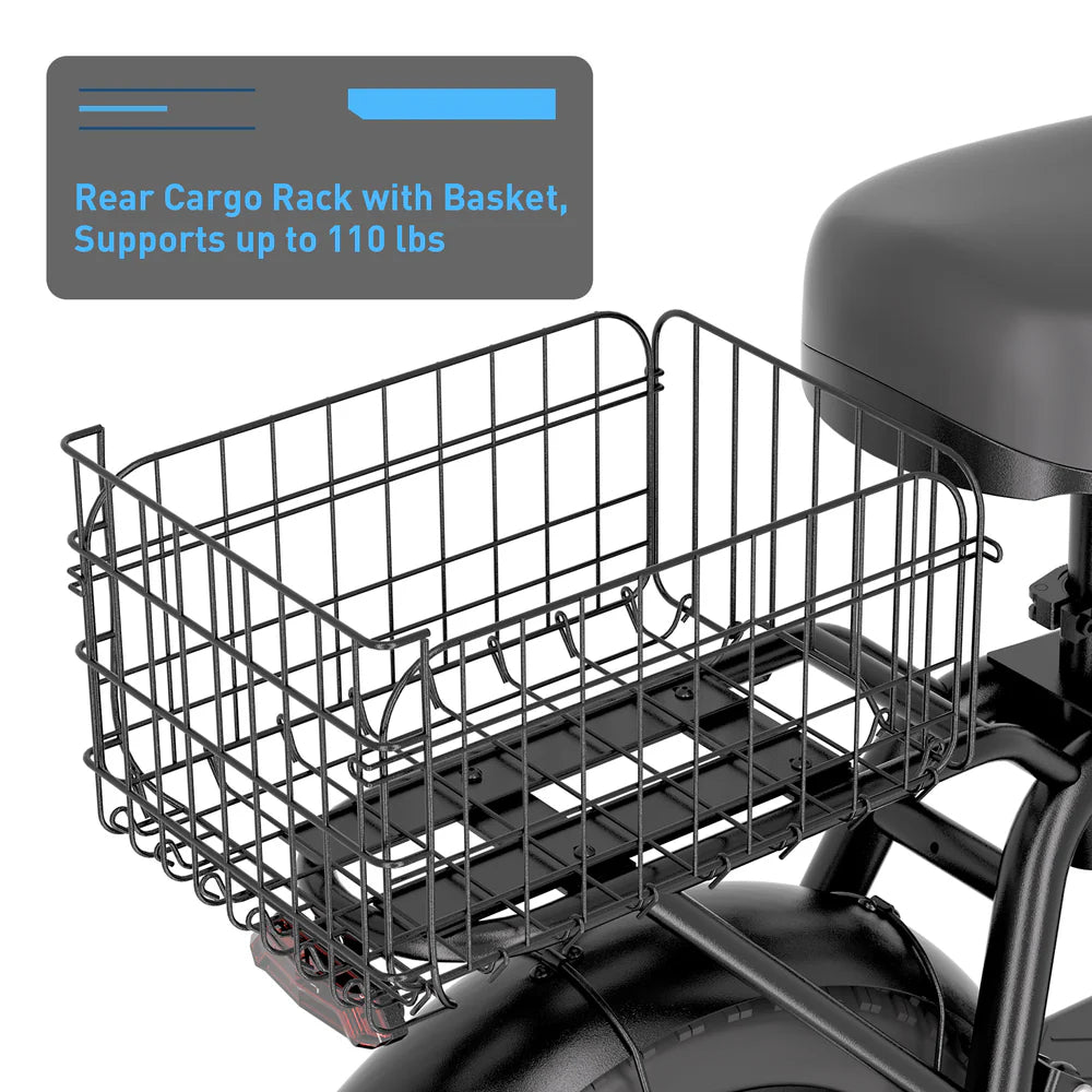 Rear cargo rack with basket on a vehicle, supporting up to 110 lbs.