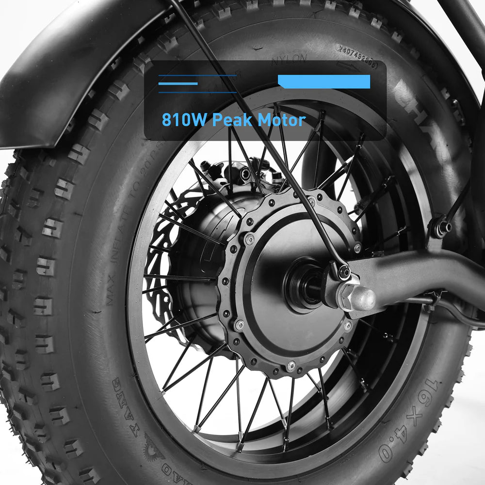 Close-up of a motorcycle wheel with an 810W peak motor label on a white background