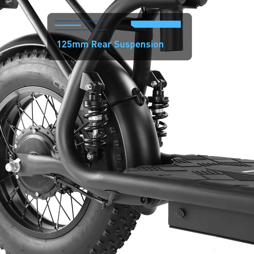 Close-up of a motorcycle's rear suspension system with '125mm Rear Suspension' text.