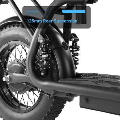 Close-up of a motorcycle's rear suspension system with '125mm Rear Suspension' text.