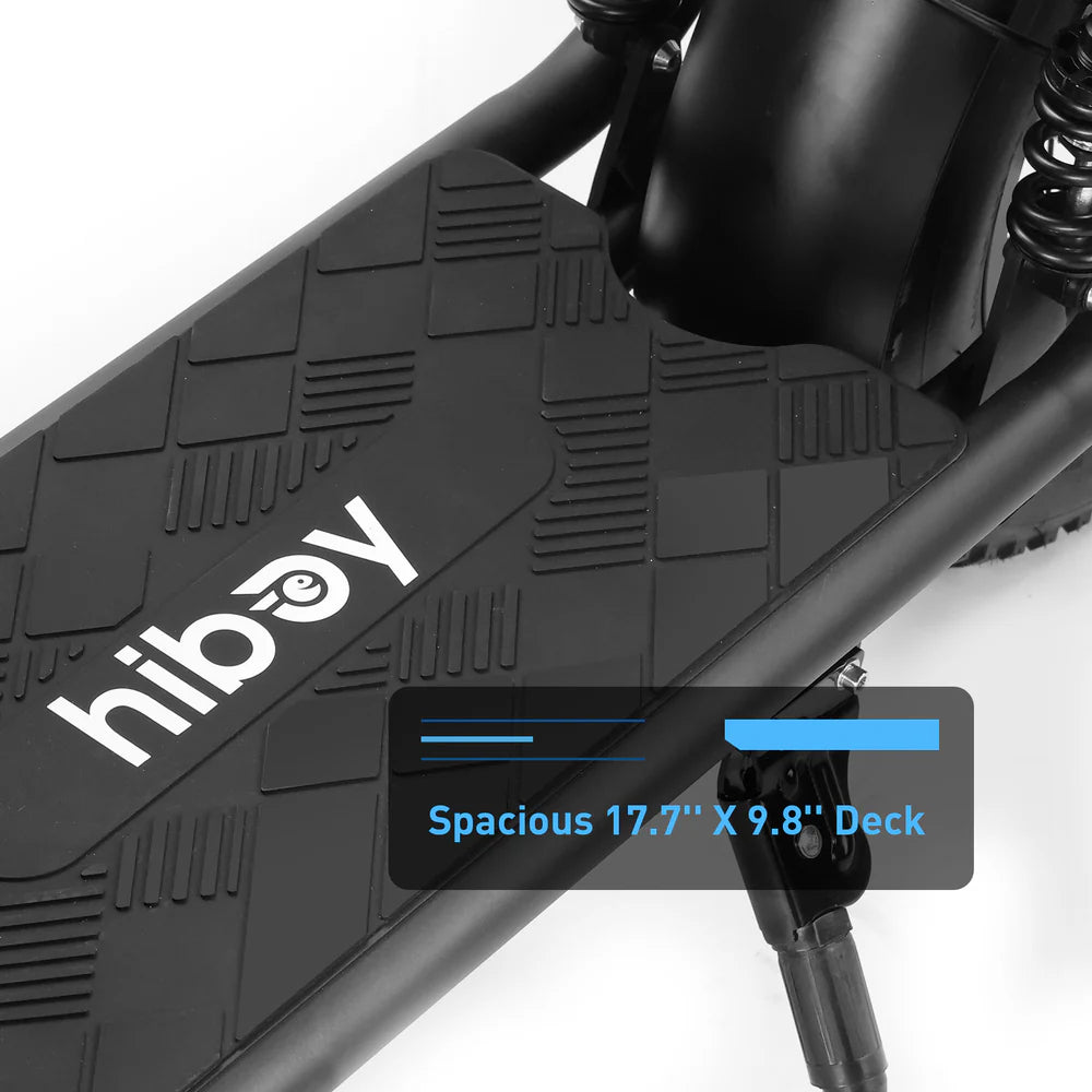 Close-up of a black electric scooter with 'hiboy' branding on a white background