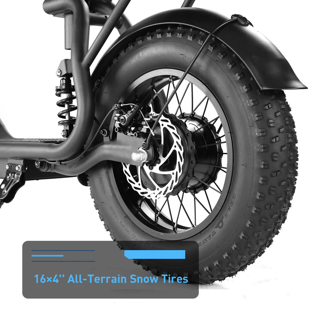 Close-up of a motorcycle wheel with '16x4' All-Terrain Snow Tires text