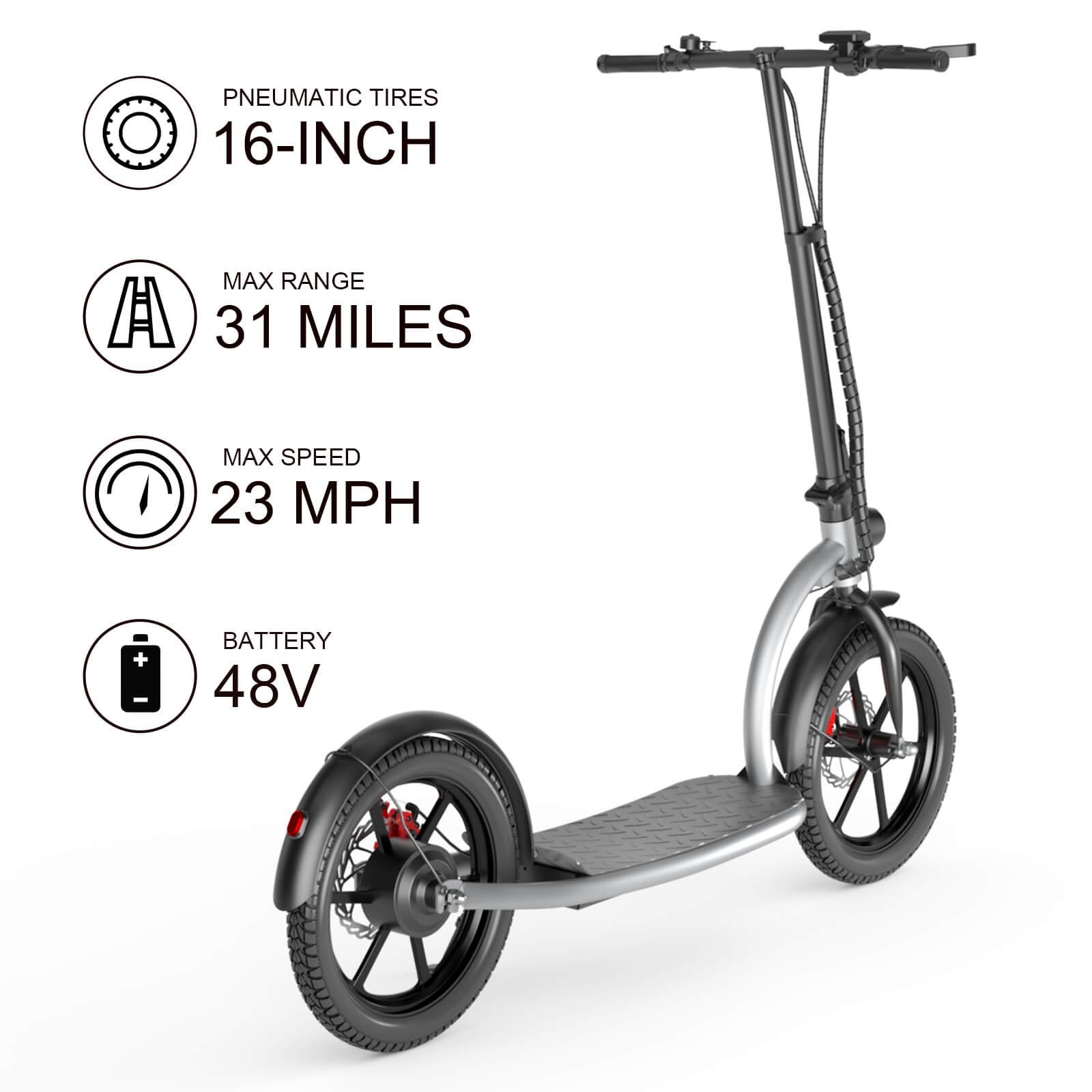 Electric scooter with specifications on a white background