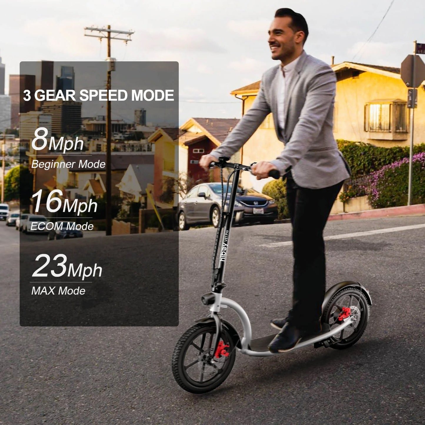 Man riding an electric scooter with speed mode indicators on a street.