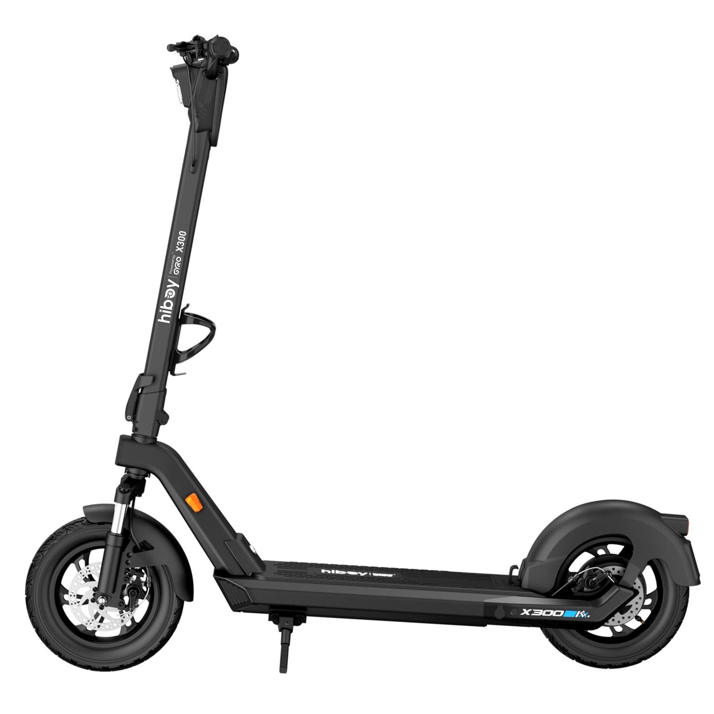 Black electric scooter with folded stand on a white background