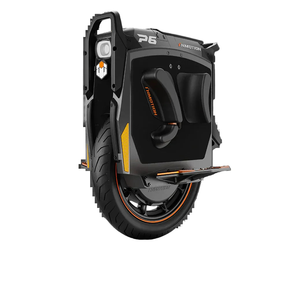 Black and orange electric unicycle with brand logo on a white background