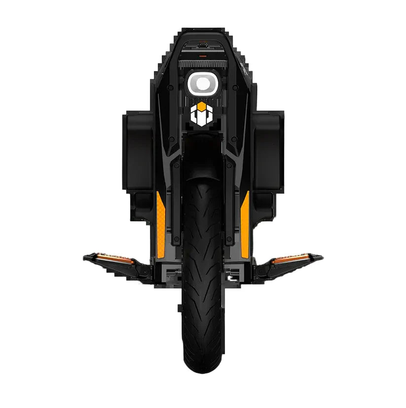 Back view of a black and orange electric bike on a white background