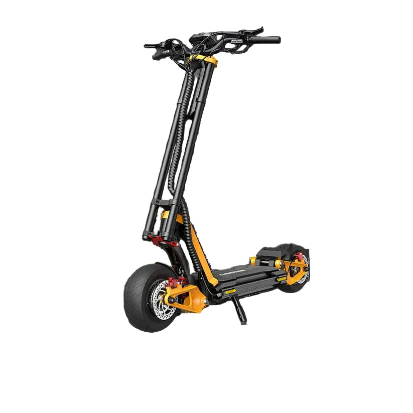 Electric scooter with promotional text on a white background
