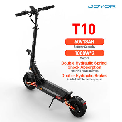 Electric scooter with specifications on a white background, featuring the brand 'JOYOR'.