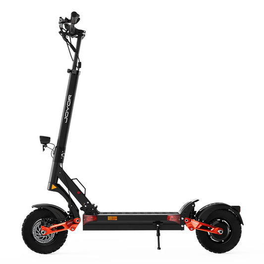 Black electric scooter with orange accents on a white background
