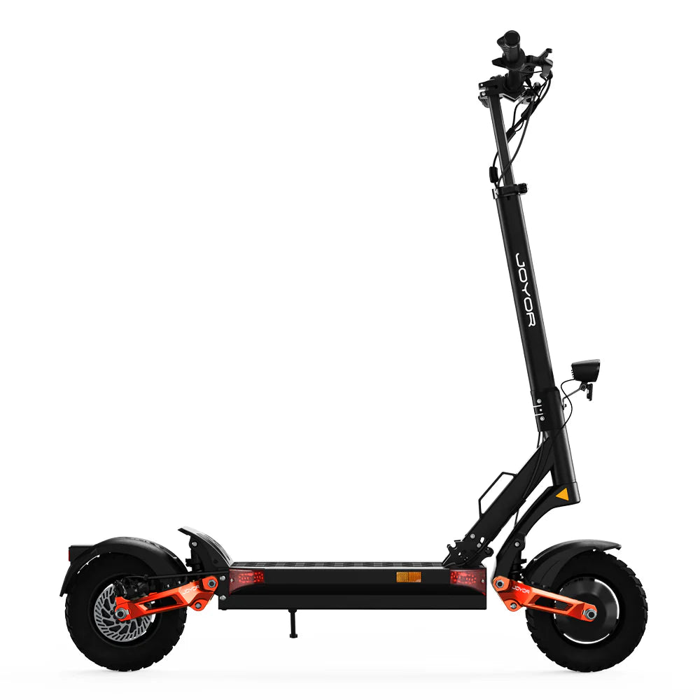 Black electric scooter with orange accents on a white background