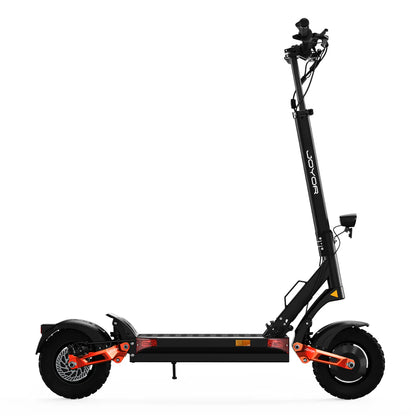 Black electric scooter with orange accents on a white background