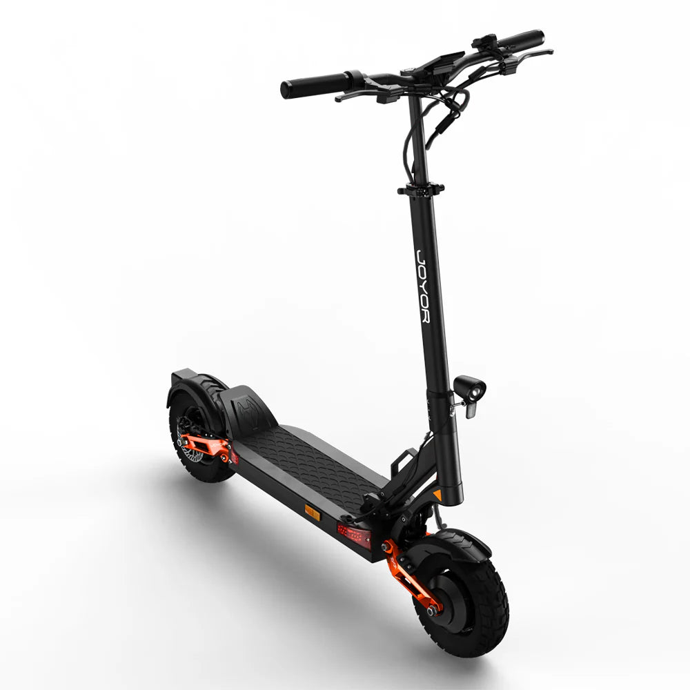 Black electric scooter with orange accents on a white background