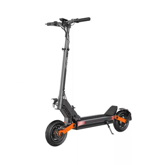 Black electric scooter with orange accents on a white background