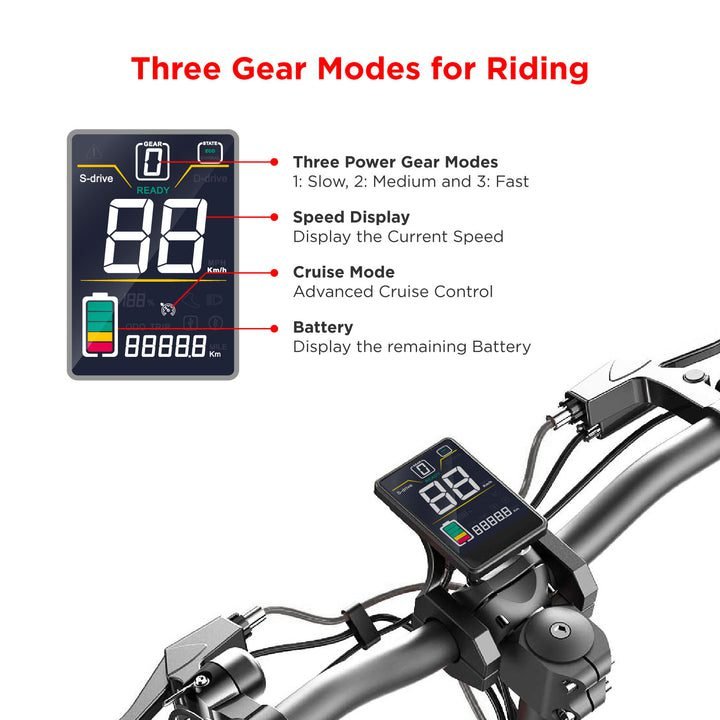 Bicycle speedometer with digital display showing gear modes and battery status on a white background.